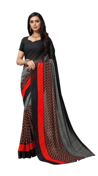 Mayawye Women's Georgette Printed Saree With Unstitched Blouse 5.5Mtr (Black)