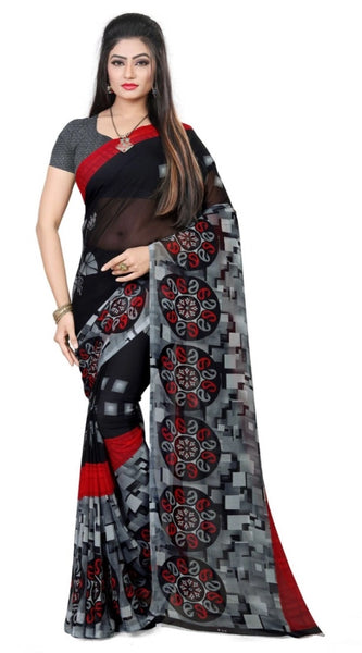 Mayawye Women's Georgette Printed Saree With Unstitched Blouse 5.5Mtr (Black)