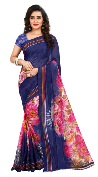 Mayawye Women's Georgette Printed Saree With Unstitched Blouse 5.5Mtr (Blue)