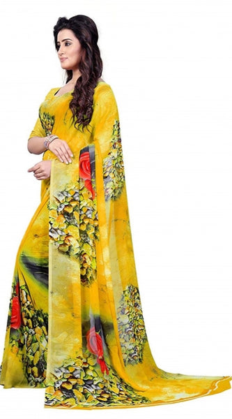 Mayawye Women's Faux Georgette Printed Saree With Unstitched Blouse 5.5Mtr (Yellow)