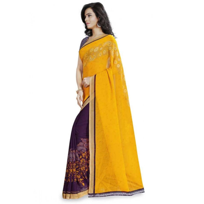 Mayawye Women's Faux Georgette Printed Saree With Unstitched Blouse 5.5Mtr (Yellow)