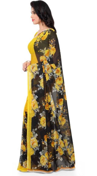 Mayawye Women's Faux Georgette Printed Saree With Unstitched Blouse 5.5Mtr (Yellow)