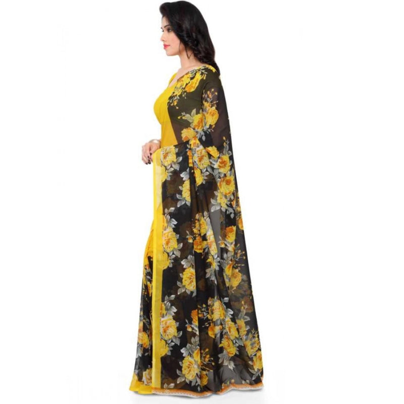 Mayawye Women's Faux Georgette Printed Saree With Unstitched Blouse 5.5Mtr (Yellow)