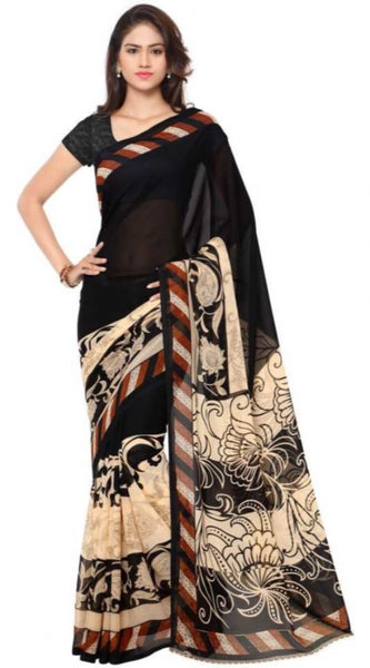 Mayawye Women's Faux Georgette Printed Saree With Unstitched Blouse 5.5Mtr (Black)