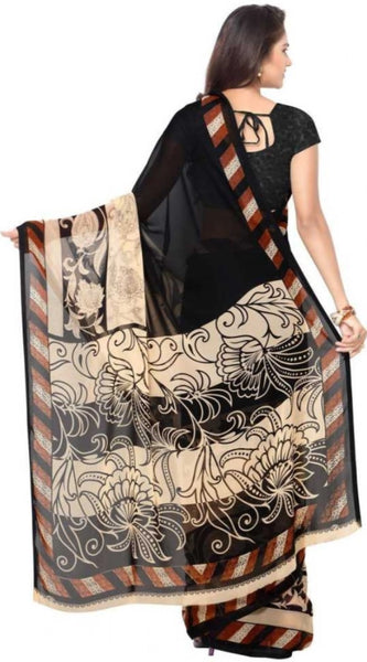 Mayawye Women's Faux Georgette Printed Saree With Unstitched Blouse 5.5Mtr (Black)