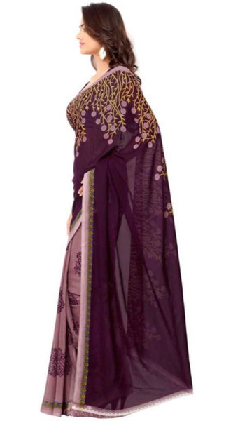 Mayawye Women's Faux Georgette Printed Saree With Unstitched Blouse 5.5Mtr (Wine)