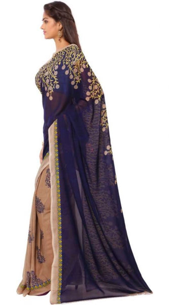 Mayawye Women's Faux Georgette Printed Saree With Unstitched Blouse 5.5Mtr (Blue)