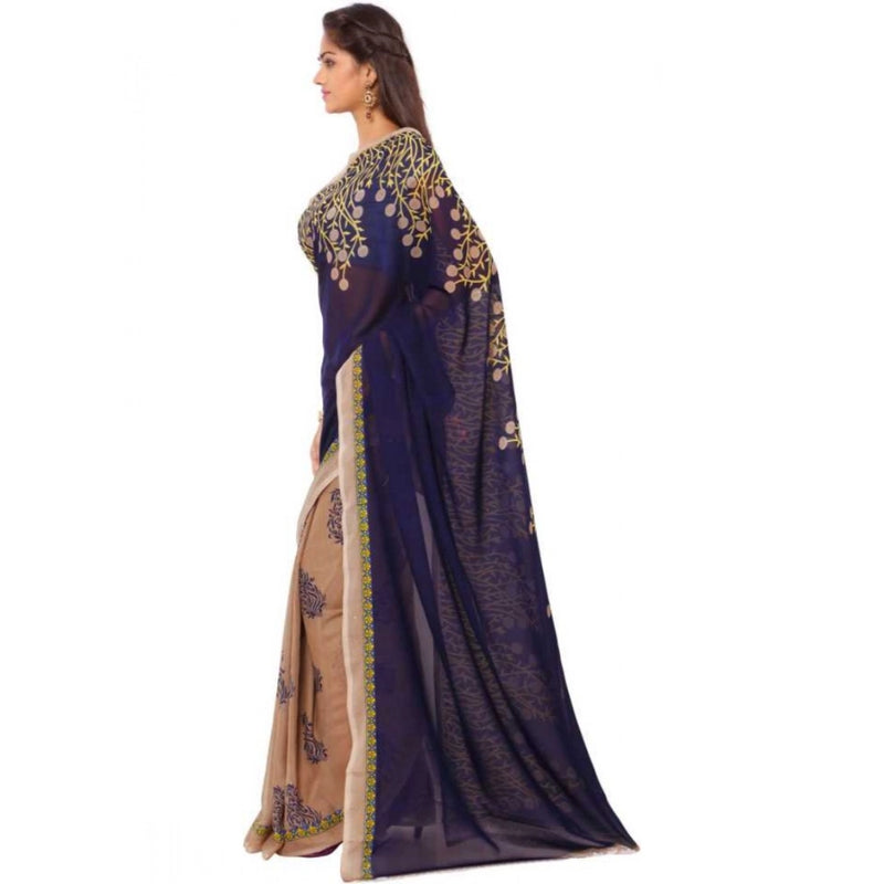 Mayawye Women's Faux Georgette Printed Saree With Unstitched Blouse 5.5Mtr (Blue)