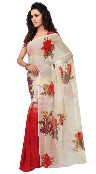 Mayawye Women's Faux Georgette Printed Saree With Unstitched Blouse 5.5Mtr (Red)