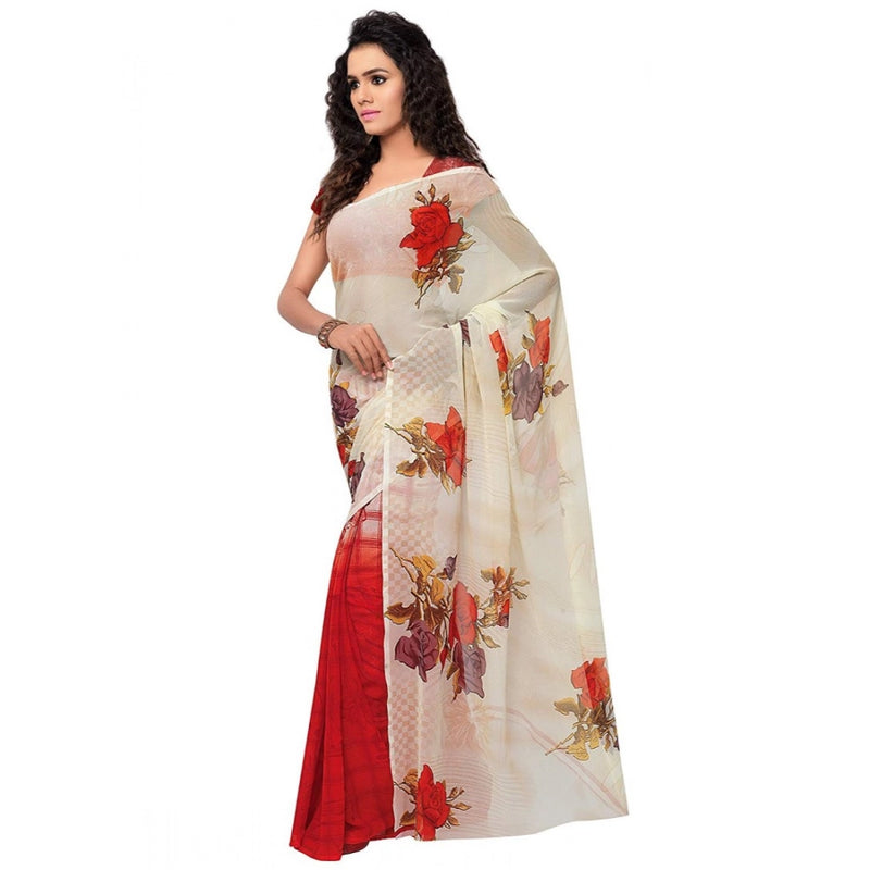 Mayawye Women's Faux Georgette Printed Saree With Unstitched Blouse 5.5Mtr (Red)