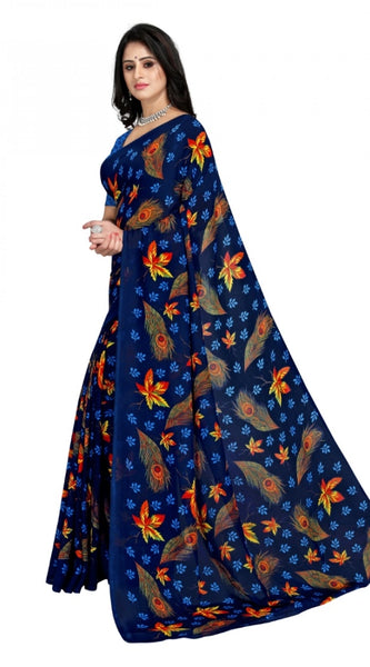 Mayawye Women's Faux Georgette Printed Saree With Unstitched Blouse 5.5Mtr (Blue)