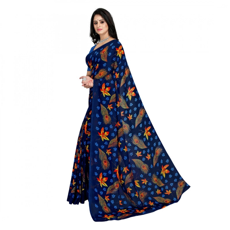 Mayawye Women's Faux Georgette Printed Saree With Unstitched Blouse 5.5Mtr (Blue)