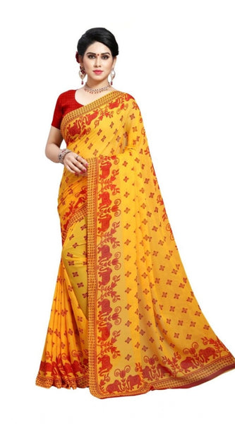 Mayawye Women's Georgette Printed Saree With Unstitched Blouse 5.5Mtr (Red)