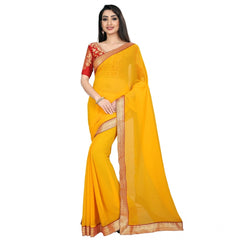 Mayawye Women's Chiifon Saree Printed Saree With Unstitched Blouse 5.5Mtr (Yellow)