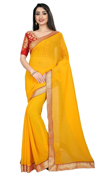 Mayawye Women's Chiifon Saree Printed Saree With Unstitched Blouse 5.5Mtr (Yellow)