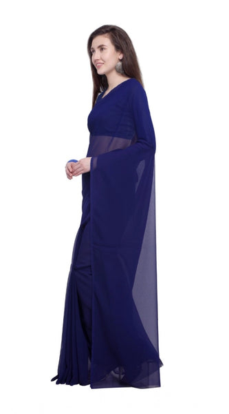 Mayawye Women's Dyed Solid Saree With Unstitched Blouse 5.5Mtr (Dark Blue)