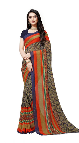Mayawye Women's Georgette Printed Saree With Unstitched Blouse 5.5Mtr (Blue)
