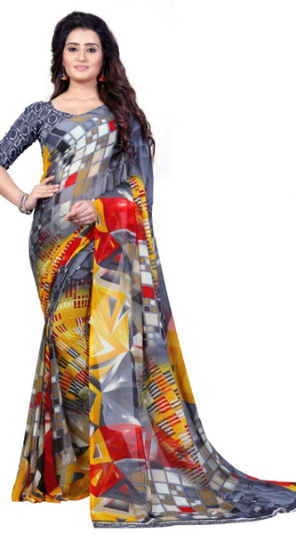 Mayawye Women's Faux Georgette Printed Saree With Unstitched Blouse 5.5Mtr (Grey)