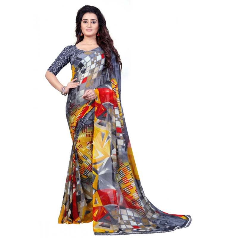 Mayawye Women's Faux Georgette Printed Saree With Unstitched Blouse 5.5Mtr (Grey)