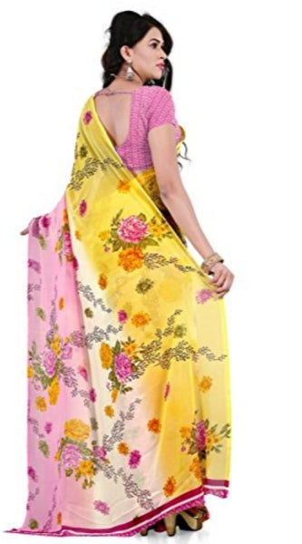 Mayawye Women's Faux Georgette Printed Saree With Unstitched Blouse 5.5Mtr (Pink)