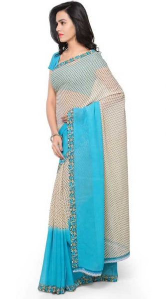 Mayawye Women's Faux Georgette Printed Saree With Unstitched Blouse 5.5Mtr (Blue)