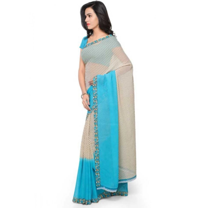 Mayawye Women's Faux Georgette Printed Saree With Unstitched Blouse 5.5Mtr (Blue)