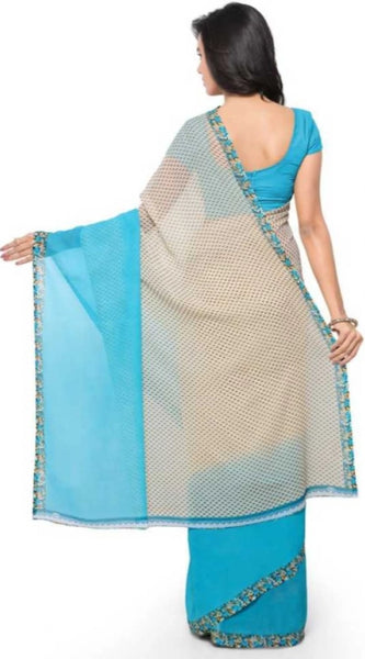 Mayawye Women's Faux Georgette Printed Saree With Unstitched Blouse 5.5Mtr (Blue)