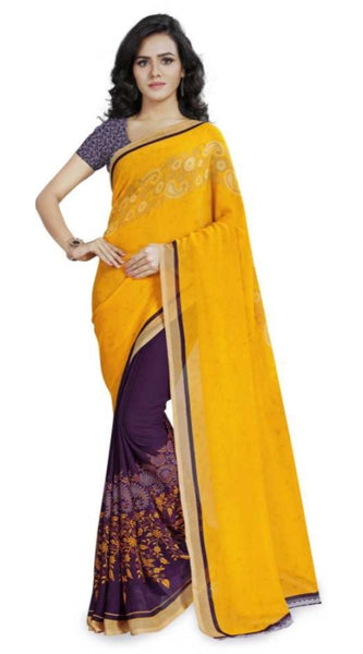Mayawye Women's Faux Georgette Printed Saree With Unstitched Blouse 5.5Mtr (Yellow)