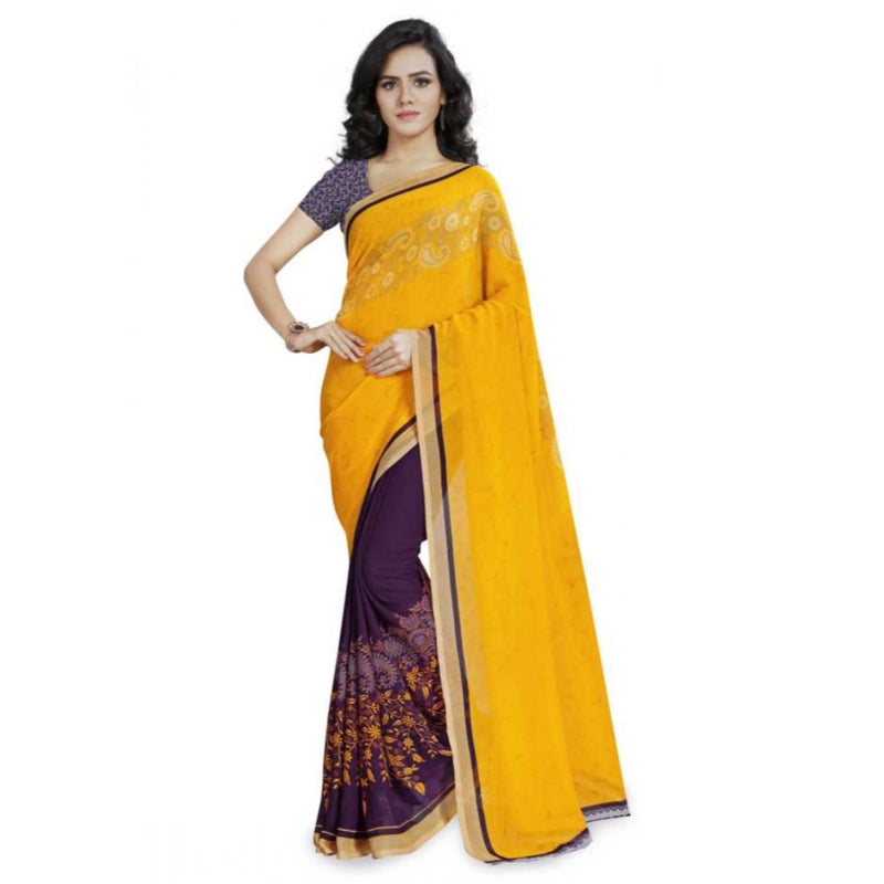 Mayawye Women's Faux Georgette Printed Saree With Unstitched Blouse 5.5Mtr (Yellow)