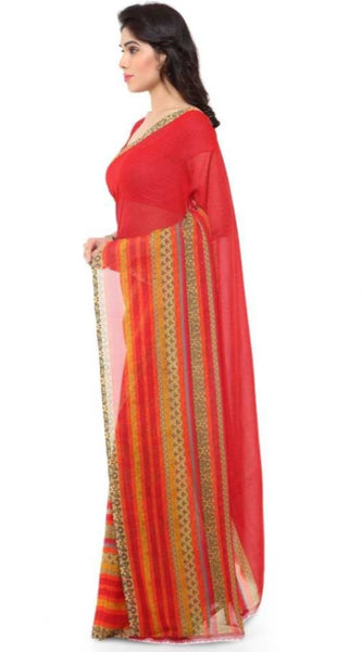 Mayawye Women's Faux Georgette Printed Saree With Unstitched Blouse 5.5Mtr (Red)
