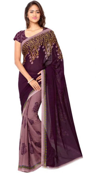 Mayawye Women's Faux Georgette Printed Saree With Unstitched Blouse 5.5Mtr (Wine)