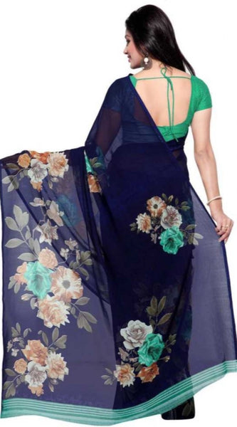 Mayawye Women's Faux Georgette Printed Saree With Unstitched Blouse 5.5Mtr (Blue)