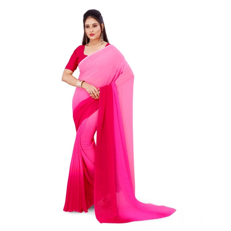 Mayawye Women's Georgette Solid Saree With Unstitched Blouse 5.5Mtr (Pink)
