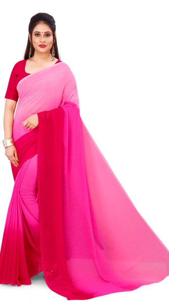 Mayawye Women's Georgette Solid Saree With Unstitched Blouse 5.5Mtr (Pink)
