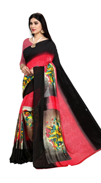 Mayawye Women's Georgette Printed Saree With Unstitched Blouse 5.5Mtr (Pink)