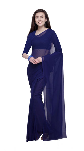 Mayawye Women's Dyed Solid Saree With Unstitched Blouse 5.5Mtr (Dark Blue)