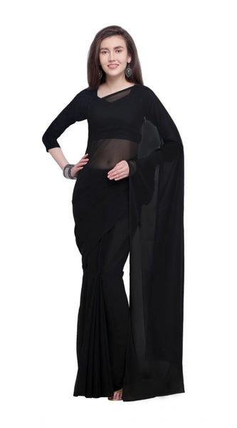 Mayawye Women's Dyed Solid Saree With Unstitched Blouse 5.5Mtr (Black)