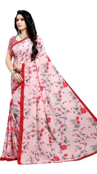 Mayawye Women's Georgette Printed Saree With Unstitched Blouse 5.5Mtr (Peach)