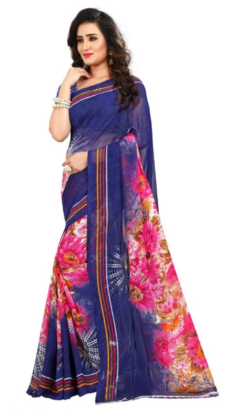 Mayawye Women's Georgette Printed Saree With Unstitched Blouse 5.5Mtr (Blue)