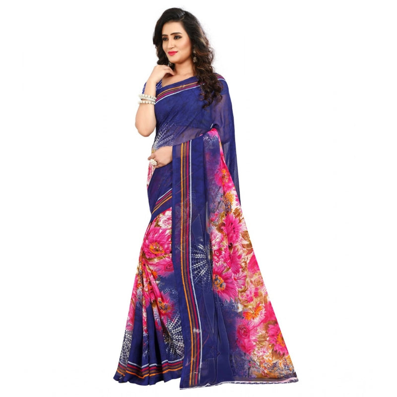 Mayawye Women's Georgette Printed Saree With Unstitched Blouse 5.5Mtr (Blue)