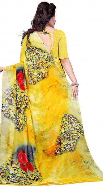 Mayawye Women's Faux Georgette Printed Saree With Unstitched Blouse 5.5Mtr (Yellow)