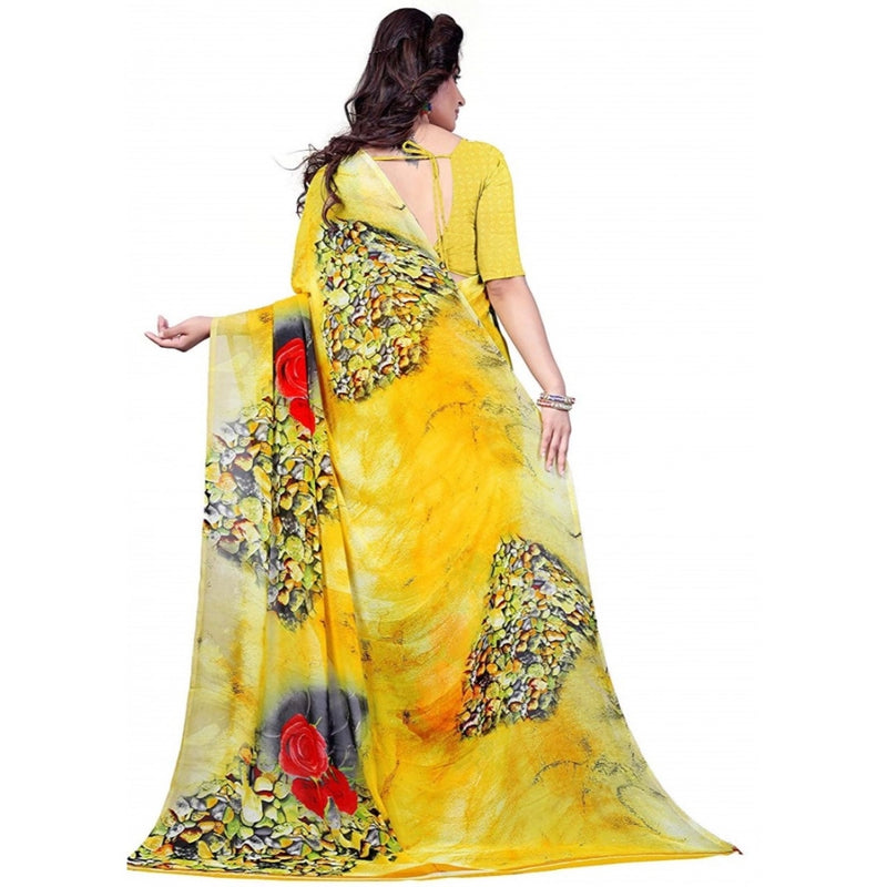 Mayawye Women's Faux Georgette Printed Saree With Unstitched Blouse 5.5Mtr (Yellow)
