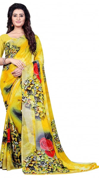 Mayawye Women's Faux Georgette Printed Saree With Unstitched Blouse 5.5Mtr (Yellow)