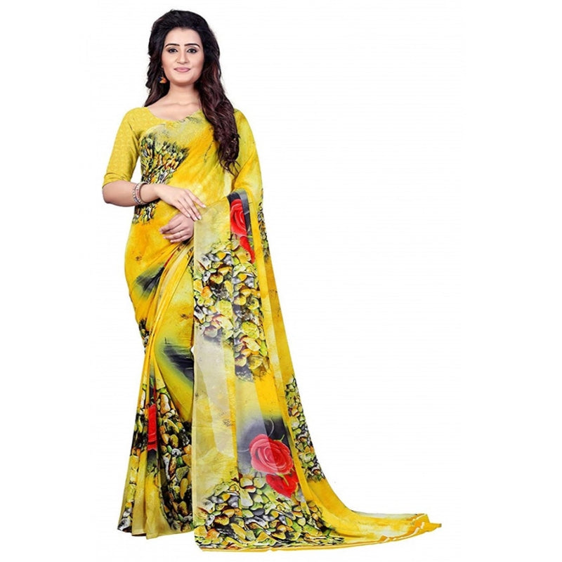 Mayawye Women's Faux Georgette Printed Saree With Unstitched Blouse 5.5Mtr (Yellow)