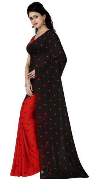 Mayawye Women's Faux Georgette Printed Saree With Unstitched Blouse 5.5Mtr (Red black)