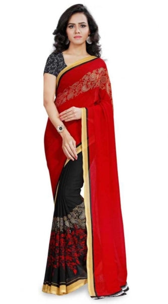 Mayawye Women's Faux Georgette Printed Saree With Unstitched Blouse 5.5Mtr (Red)