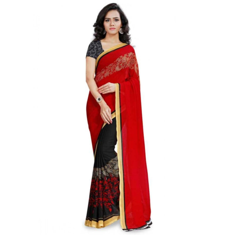 Mayawye Women's Faux Georgette Printed Saree With Unstitched Blouse 5.5Mtr (Red)