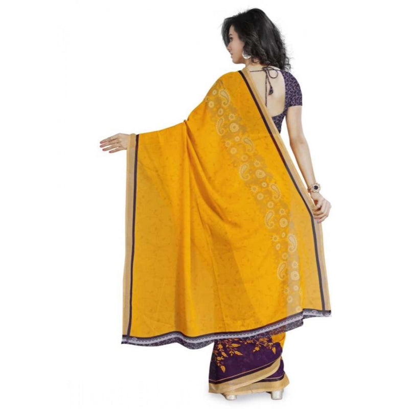 Mayawye Women's Faux Georgette Printed Saree With Unstitched Blouse 5.5Mtr (Yellow)