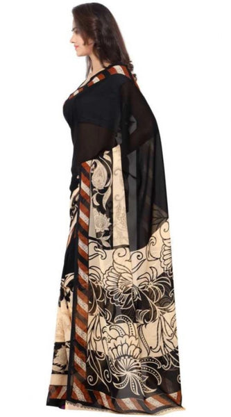Mayawye Women's Faux Georgette Printed Saree With Unstitched Blouse 5.5Mtr (Black)