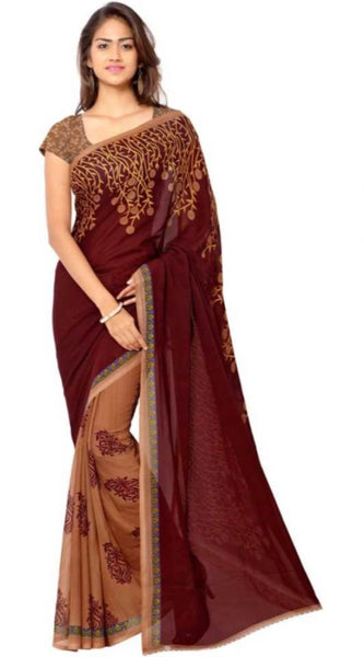 Mayawye Women's Faux Georgette Printed Saree With Unstitched Blouse 5.5Mtr (Red)